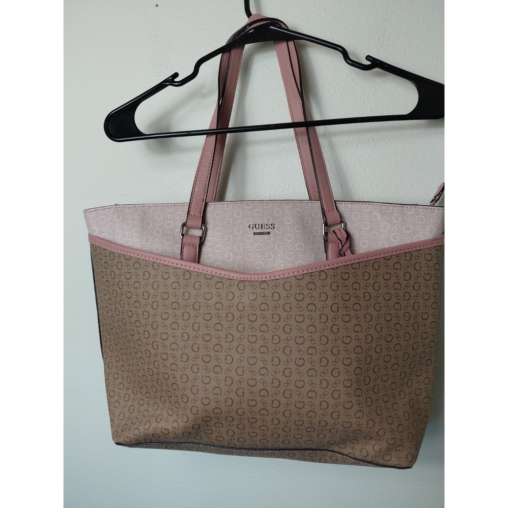 GUESS Pink And Tan Tote Shoulder Bag with Structured Design New